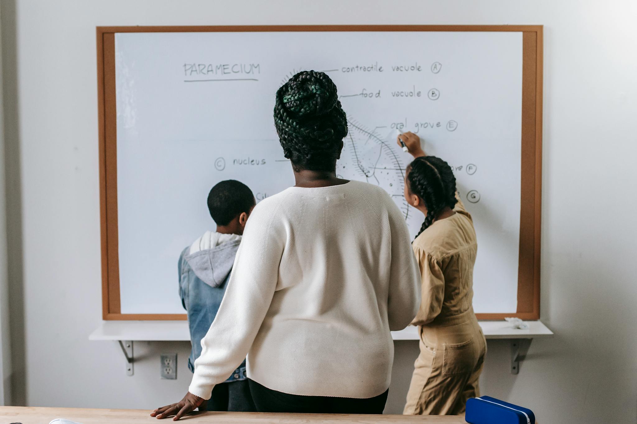 Back view of anonymous African American woman watching on pupils writing on whiteboard in classroom
